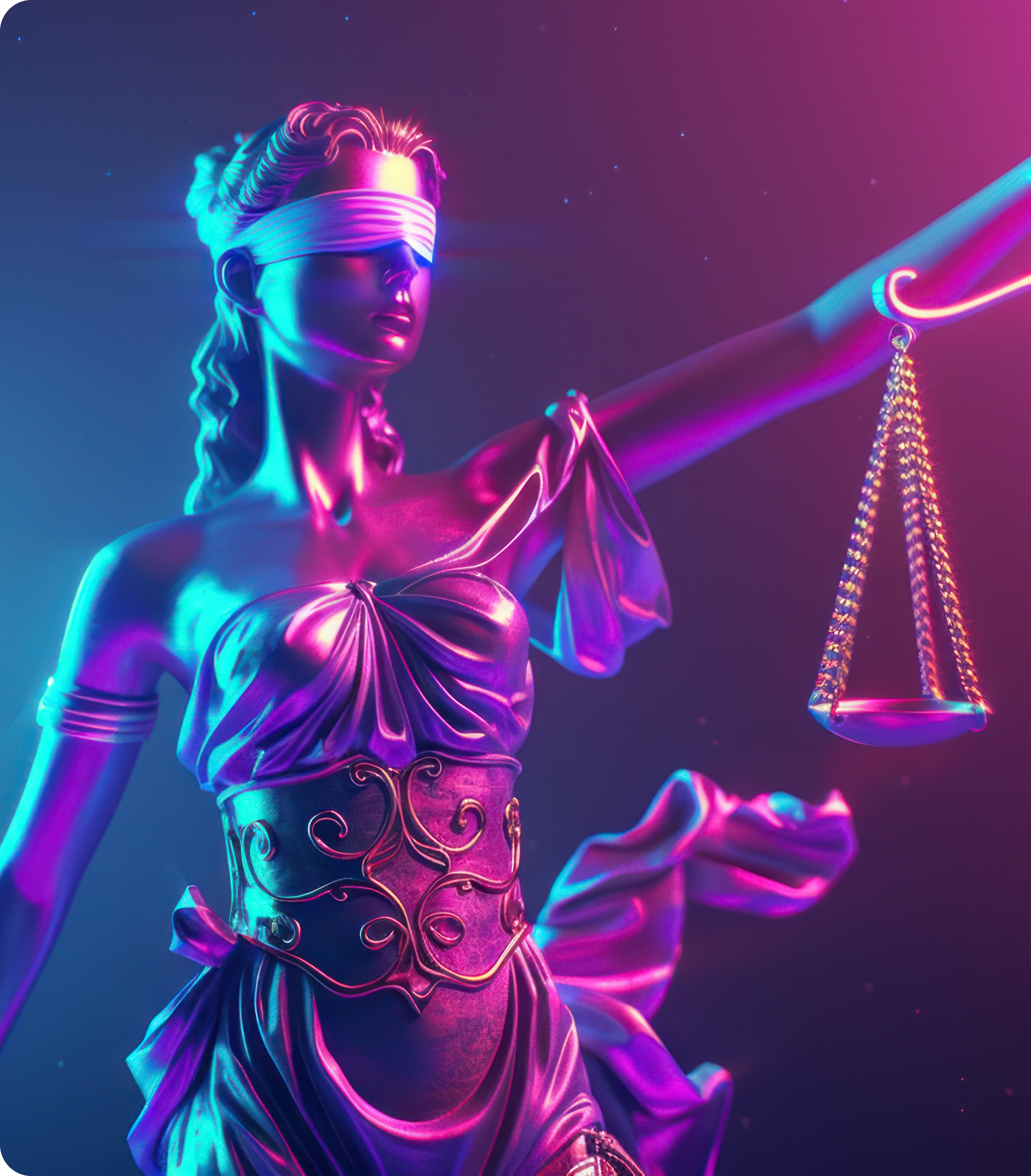 Estátua da deusa da justiça com venda nos olhos e balança, em estilo futurista com iluminação neon em tons de rosa, roxo e azul.