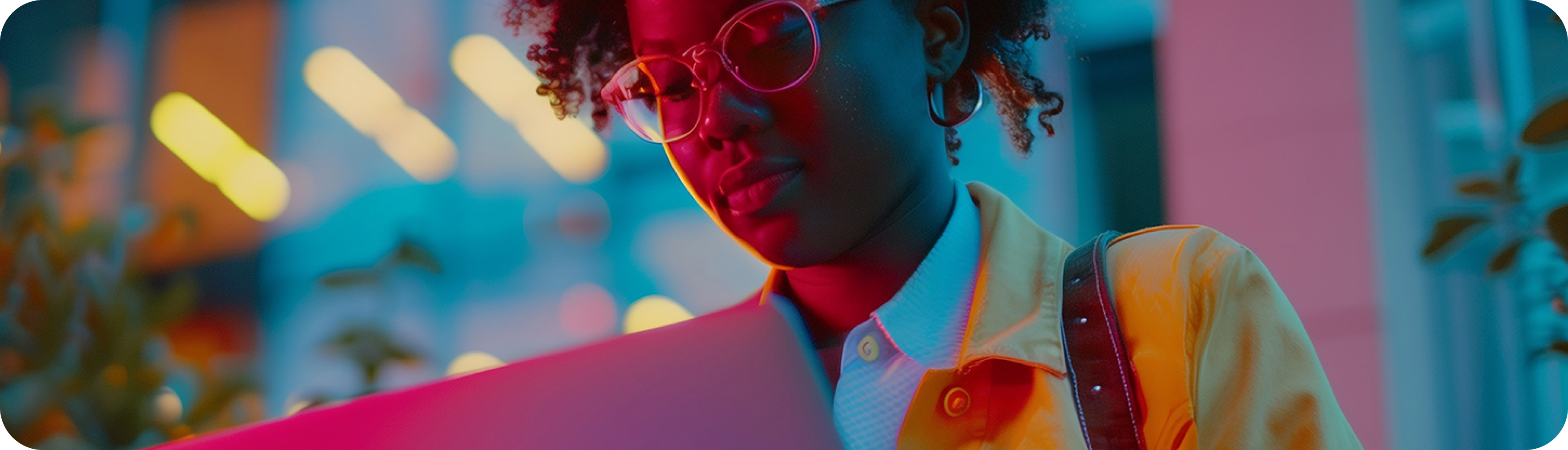 Advogada analisando documentos em um laptop com iluminação moderna em tons quentes, simbolizando profissionalismo na advocacia